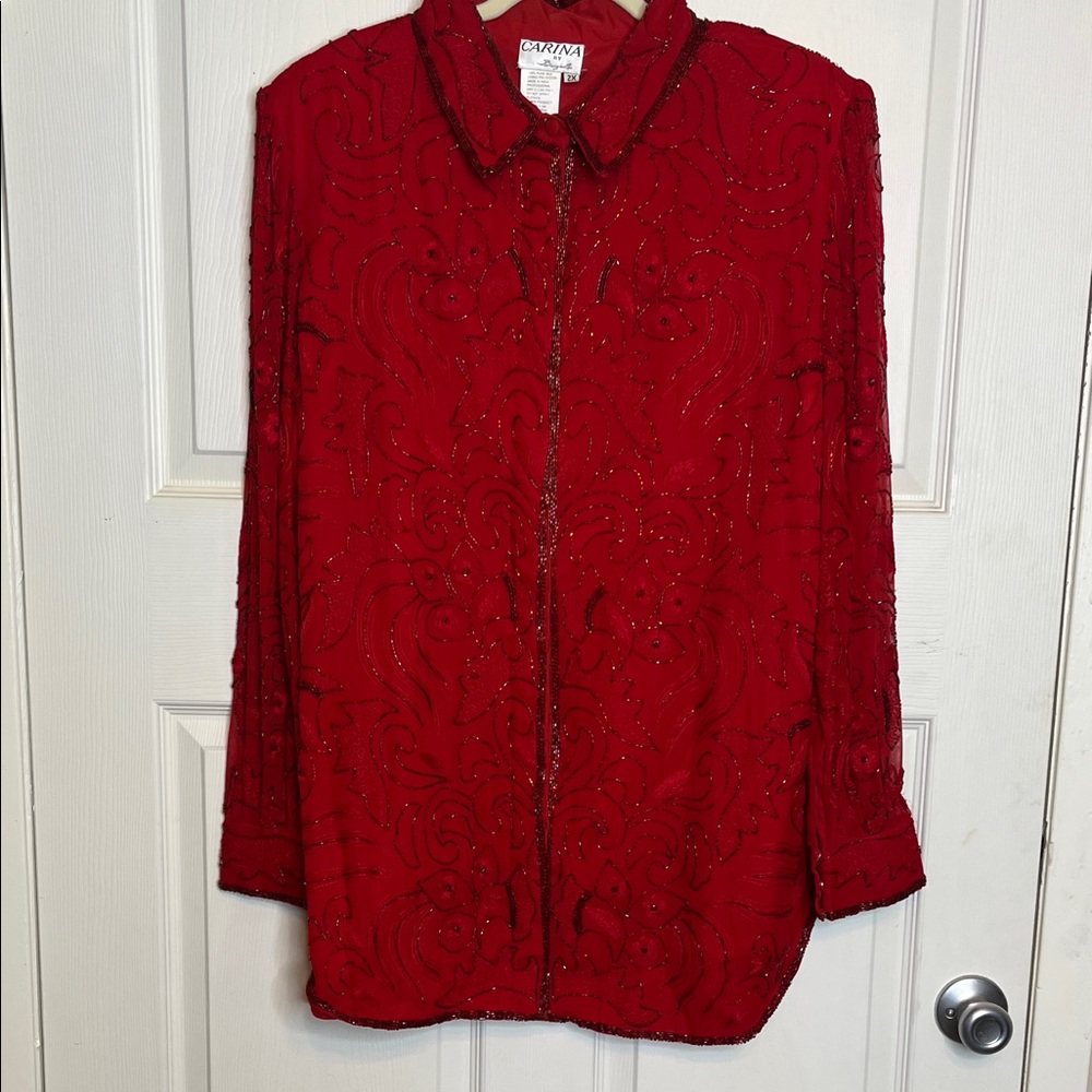 Chic Red Carina Vintage Silk Beaded Button Down Evening Jacket